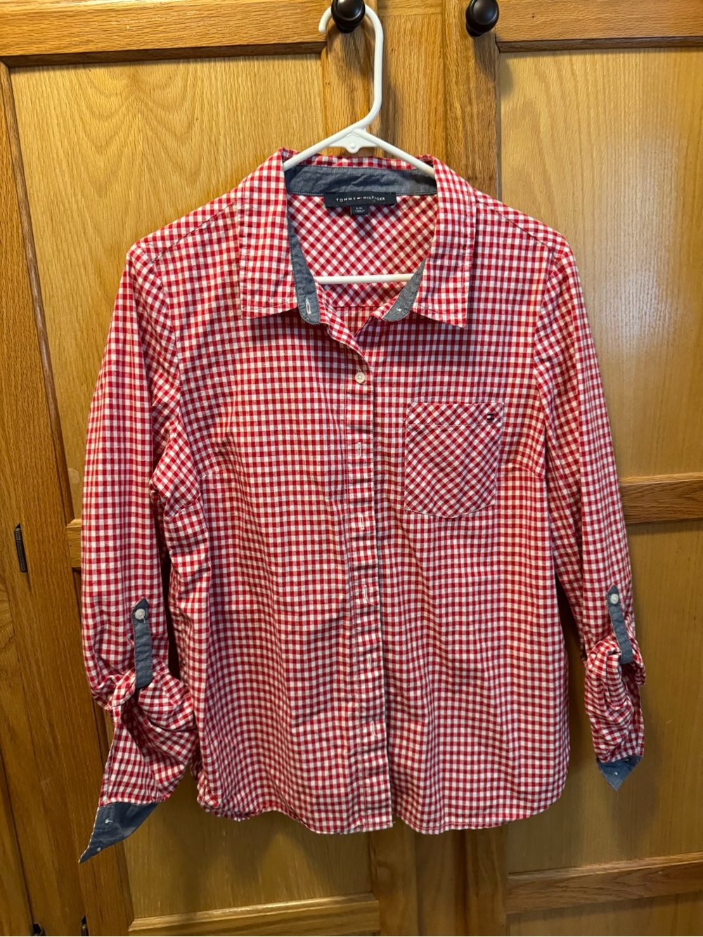 Tommy Hilfiger Women’s Red White Check Cotton Point Collar Button-Up Shirt L